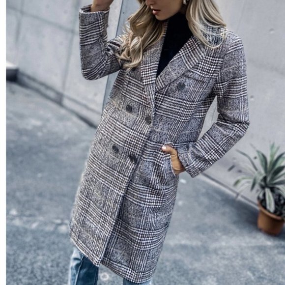 plaid Print Double Breasted Pea Overcoat jacket fall/winter - Picture 3 of 15